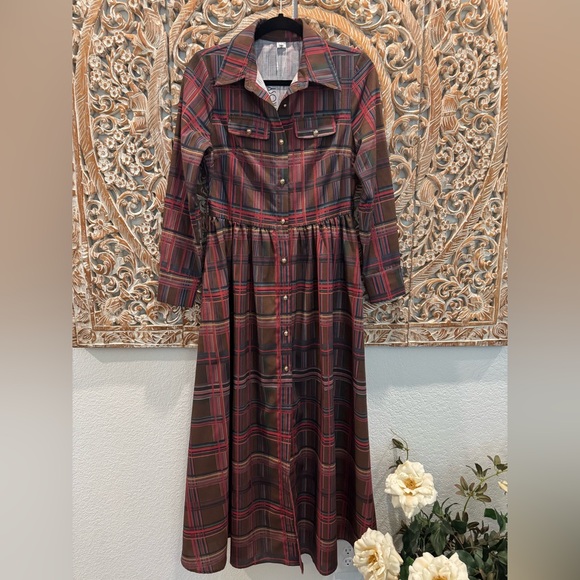 Oyrosy Retro Elegant Classy Lapel Reddish Brown Plaid Maxi Dress w/ Pockets - Picture 4 of 16